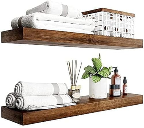 Image of Wooden Floating Wall Shelf Rack for Home Dcor Display Units Showcase Book Rack | Wall Mount Shelves for Home Bedroom - Set of 2 Pieces (Brown Finish)