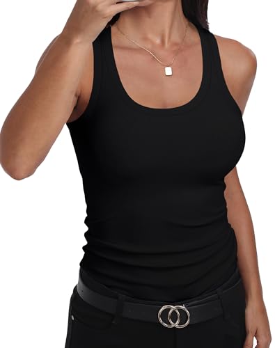 GEMBERA Womens Scoop Neck Sleeveless Racerback Ribbed Knit Slim Fitted Basic Tank Top Shirt(3955 Black S)