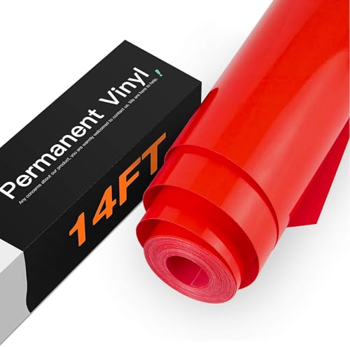 HTVRONT Red Permanent Vinyl - 12" x 14FT Glossy Adhesive Permanent Red Vinyl Roll Compatible with Cricut Cutting Machine, Silhouette, Cameo Cutters, Signs, Scrapbooking, Craft, Die Cutters