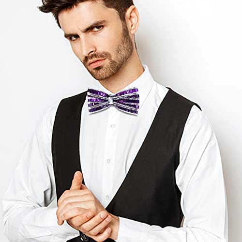Image of Hi-Tie Pretied Bowtie Lapel Pin Set for Men Pocket Square Cufflinks 4PCS Bow Tie Set Mens Wedding Business Party, Crystal Purple White