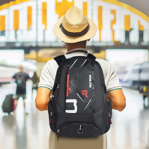 Image of Half Moon Extra Large 60L Rucksack Travel Backpack Bag for Man Waterproof Trekking Bag for Men with Rain Cover & 17-Inch Laptop Luggage Bags for Mens Hiking & Tourist Bag for Men (Black & Red)