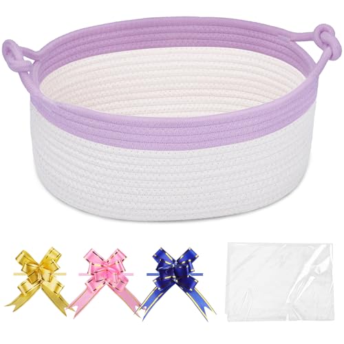 Image of COMSE Small Gift Basket Empty with Bag & Ribbons, Purple & White