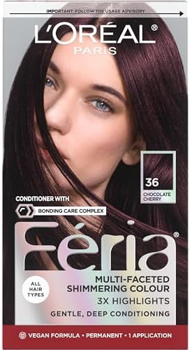 L'Oreal Paris Feria Multi-Faceted Shimmering Permanent Hair Color, 36 (Chocolate Cherry) Deep Burgundy Brown, Pack of 1 Hair Dye Kit