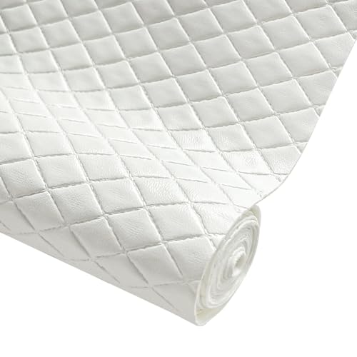 Diamond Quilted Pattern Artificial Faux Leather 11.8x53inch (30x135cm) Super Soft Craft Supplies Synthetic Leather DIY Hair Bows Handbags and Craft Supplies (White)