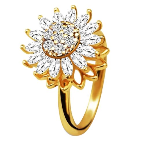 EWOECUI Anillo Giratorio Abierto para Ansiedad - Girasol con Piedra Lunar para Mujeres Inquietas