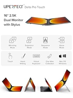 UPERFECT Delta Pro Touch Portable Monitor, 16" 2K Laptop Screen Extender, Touchscreen Dual Monitor with Stylus, First Pressure-Sensitive Touch Display, Stacked Folding Vertical Dual Screen with Stand