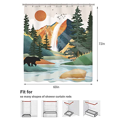Ufeela Abstract Mountain Forest Shower Curtain 60Wx72H Inch Waterfall Landscape Sunrise Pine Bear Tree For Bathroom Decor Sets Fabric Waterproof Polyester Decorative Accessories With 12 Pack Hooks #TOP4