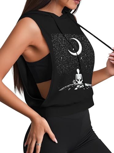 Remidoo Sleeveless Hoodies for Women Hooded Crop Tank Graphic Workout Top Open Side Gym Tops Moon...