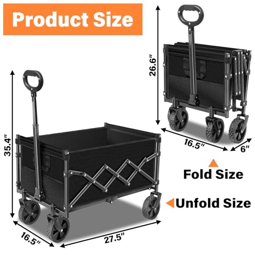 Wagons Carts Foldable - Collapsible Wagon Cart with Wheels Foldable - Utility Folding Wagon Cart for Sports Camping Grocery, Black