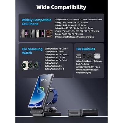 3 in 1 Magnetic Wireless Charger for Samsung, Foldable Android Charging Station for Galaxy S26/S25 Ultra /S24/Z Fold 7/Flip 7, Magnetic Watch Charger Stand for Galaxy Watch Ultra 8/7/Buds 3 for Travel