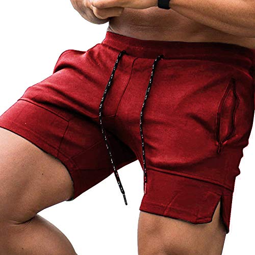 JINIDU Herren Bodybuilding Kurz Hose Fitness Schnelltrocknende Trainingsshorts Turnhosen Kurz Workout Shorts mit Reißverschlusstaschen,Rot (roter Reißverschluss),XL Cover
