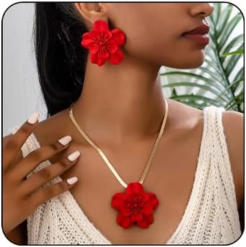 Vintage Flower Necklace Earring Set Gold Snake Chain Necklace Bohemian Red Flowers Choker Necklaces Hypoallergenic Statement Flower Stud Earrings Elegant Bridal Wedding Summer Beach Jewelry