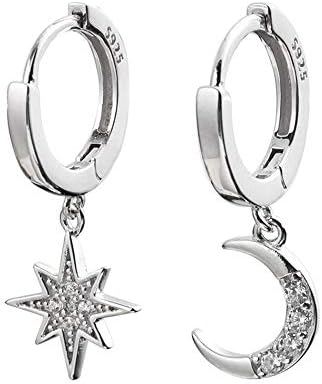 CZ Moon Star Dangle Small Hoop Earrings for Women Girls Sterling Silver with Charms Crystal Asymmetrical Snowflake Crescent Drop Mini Cartilage Clip Jewelry Delicate Fashion Birthday Gifts Best Friend