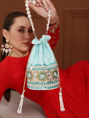 Image of THE TAN CLAN Pushp Zardozi Embroidered Mini Lotus Potli Bag - Handcrafted Silk Pouch with Intricate Zardozi & Lotus Design for Weddings, Bridal Accessories, and Special Occasions
