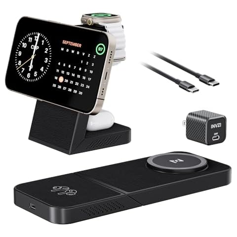 MagFree Transform 3-in-1 Fast Wireless Charging Station Multiple Devices, 15W Magnetic Travel Charger Stand for iPhone 16/15/14/13/12, 5W Apple Watch Fast Charger, AirPods - 30W USB-C Charger Included Cover