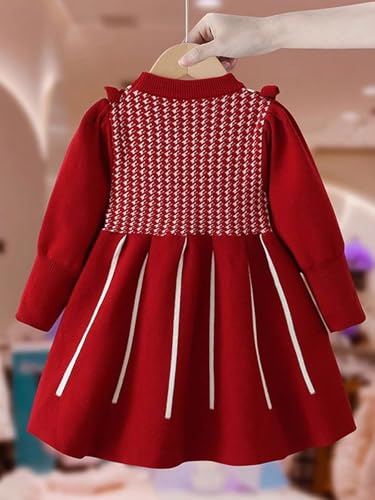 Girls Long Sleeve Sweater Dress Houndstooth Design Bow Decorated Chest and Hem Dress3