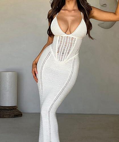 Image of BOLLEY JOSS Women Crochet Knit Bodycon Maxi Dress Sexy V Neck Backless Hollow Out Lace Up Corset Dress Sundress Beach Dresses