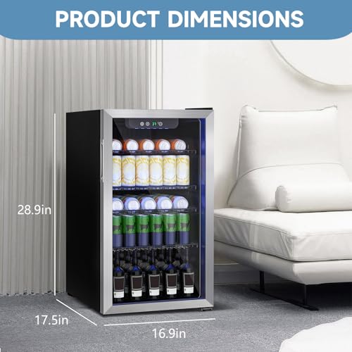 Image of Erivess 3.1 Cubic Feet Mini Fridge,110 Can Freestanding Beverage Refrigerator with Glass Front Door for Soda, Beer Under Counter Small Refrigerator with Adjustable Shelves and Digital Display(Silver)