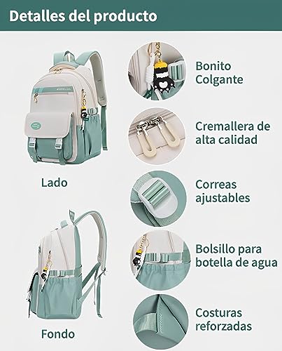 Kawaii Backpack With Cute Accessories Spine Protection Anti-thief Cute Aesthetic Book Bag (Mint Green)2