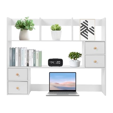 Tapischion Desktop Bookshelf Organizer, Office Desk Storage Display Shelf Rack with Drawers Multipurpose Bookshelf for Office Supplies Books Cosmetics, 39.4 * 6.7 * 31.5in (White) Cover