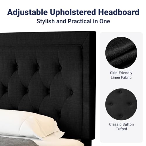 Allewie Queen Size Upholstered Platform Bed Frame with Adjustable Headboard, Button Tufted, Wood Slat Support, Easy Assembly, Black