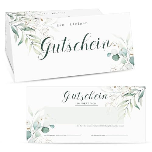 Faccito 50 Blanko Gutscheine zum Selber Ausfüllen Eukalyptusblätter Geschenkgutscheine für Kunden Gutscheine Vorlagen Gutscheinkarten für Nagelstudio Friseur Kosmetik Massage Fußpflege