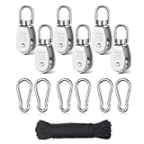 12 Stück M15 Umlenkrolle, 6 Stück Umlenkrolle M15 & 6 Stück Karabiner M4 mit 30M Nylonseil, Edelstahl Umlenkrollen für Drahtseile Seile Bis 6mm Durchmesser, Tragkraft 35kg Rolle für Seilwinde