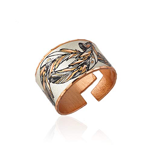 COPPER REFLECTIONS Bagues en plumes de cuivre artisanal ton argent pour filles femmes avec toile de fond en argent, bagues de manchette en plumes réglables,...