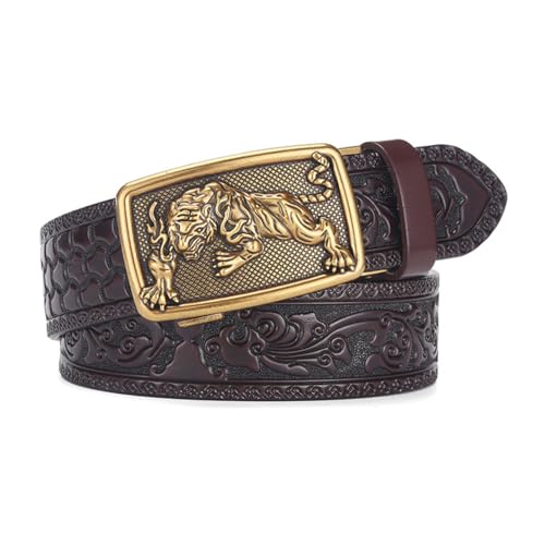 Mens Ratchet Belt,Animal Tiger Wild King Automatic Buckle Western Embossed Strap Adjustable to Fit Any Waist Size