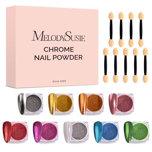 Image of MelodySusie 9Pcs Chrome Nail Powder for Gel Nails,Metallic Mirror Effect Pigment Stylish and Technological Fine Glitter for Home DIY Salon Use