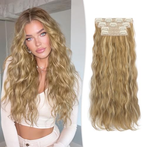 RUWISS Extension Capelli Clip, 4PCs Extension Capelli Ricci Ondulati 45 cm Lunga Sintetici Clip Extension Posticci Hair Extension per Donna (Biondo Dorato con Riflessi)