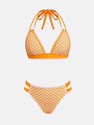 Image of CUPSHE Women's Two Piece V Neck Halter Bikini Sets Stitching Swimsuit | Back Hook,Side Cutout,Cheeky Bottom,Soft Removable Cups,Double Straps,Flattering Bathing Suit For Vacation And Beach