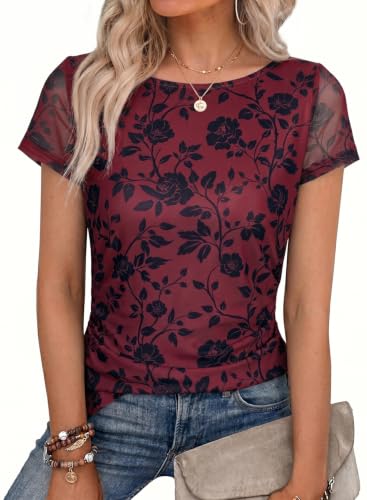 SHEWIN Womens Shirts Crew Neck Womens Short Sleeve Tops Casual Floral Mesh Top Women Lightweight Shirts for Women Pullover Spring Tops for Women,(US 4-6) S,Purple - image 1