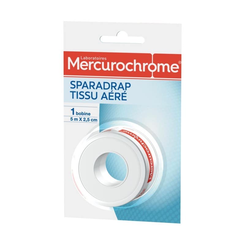 Mercurochrome - Sparadrap tessuto ventilato 5 x 2,5 cm, protezione e comfort per la cura di primo soccorso, confezione da 4