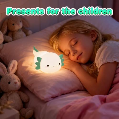 Cute Axolotl Night Light for Kids Bedroom, Animal Silicone Nursery Night Lamp Touch Control Nightlights USB Rechargeable Bedside Lamp for Baby Children Toddlers Girls Gift（Green）