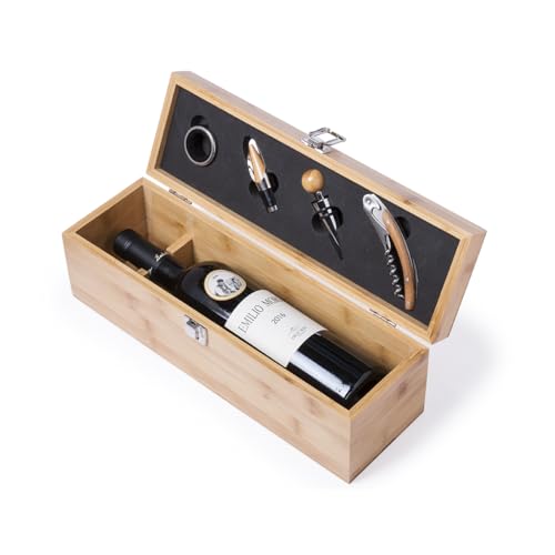 FOR ADVENTUR Coffret Cadeau Vin en Bambou, Boîte avec Tire-Bouchon, Bouchon et Coupe-Capsule, Étui Élégant pour Bouteille 750 ml, Cadeau Prêt à Offrir...