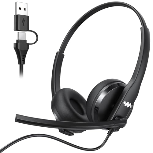 Necode USB Headset with Microphone for PC，Wired Computer Laptop Headset with Noise Cancelling Microphone, Work Headphones with Mic for Home Office Teams Zoom (USB-A&C)
