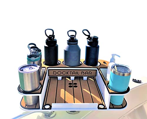 Docktail Butler Marine Food & Cocktail Table - Includes Adjustable Folding Rod Holder Mount - Large Boat Serving Tray for Grill - Boat Cup and Bottle Holder - Boat Accessories Storage - Cockpit Dining