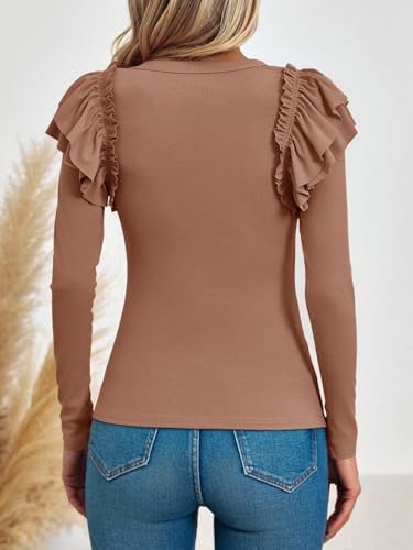 Image of Tankaneo Womens Ruffle Long Sleeve Shirts Fitted Ribbed Knit Tops Fall Casual Crew Neck Tees