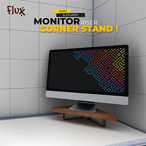 Image of Flux Wooden Monitor Stand Riser | Multi-Purpose PC Stand for Corners | MDF & Metal 23 Inch Shelf (45 x 25 x 8.5 cm) (Walnut Brown)