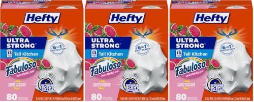 Image of Hefty Ultra Strong 13 Gallon Trash Bags, Tall Kitchen Trash Bag's 13 Gallon Size, Resist Leaks, Punctures, and Rips, Continuous Odor Control, White, Fabuloso Watermelon Scent, 80 Bag's (Pack of 3)