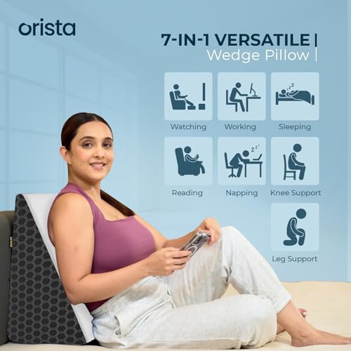 Image of Orista Wedge Pillow Made with Advance Gel Blended Memory Foam Complete Back Support, Acid Reflux, Anti Snoring, Leg Elevation, Improves Comfort and Posture | 20 x 20 x 10 Inch | White-Black Cover