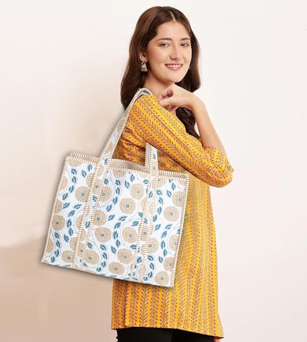 Image of Cotton Tiger Block Print Tote Bag, Indian Handmade Shopping Shoulder Bag, Unisex Market Daily Use