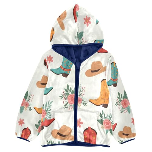 Cowboy Boots Floral Pattern Toddler Fleece Jacket Girl Boys Hooded Fleece Jacket Coat Warm Outwear Zip-up 3-10T