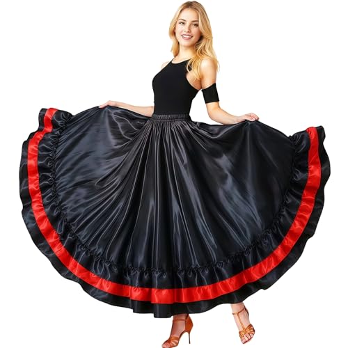 Baisdan Dance Skirt for Women Flamenco & Belly Dance Skirt Long Satin Spanish Folk Costume Halloween Costume Black-Red