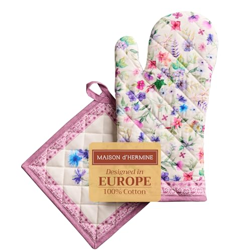 Maison d' Hermine 100% Cotton Oven Mitt & Pot Holder Set (7.5"x13" & 8"x8")