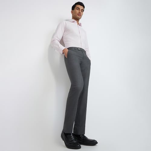 Image of Raymond Men Slim Fit Structure Pattern Polyester Blend Flat Front Formal Trouser Dark Grey