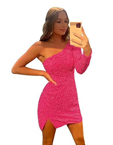 One Shoulder Homecoming Dresses for Teens Tight Fitted Short Prom Dress Long Sleeve Cocktail Gown