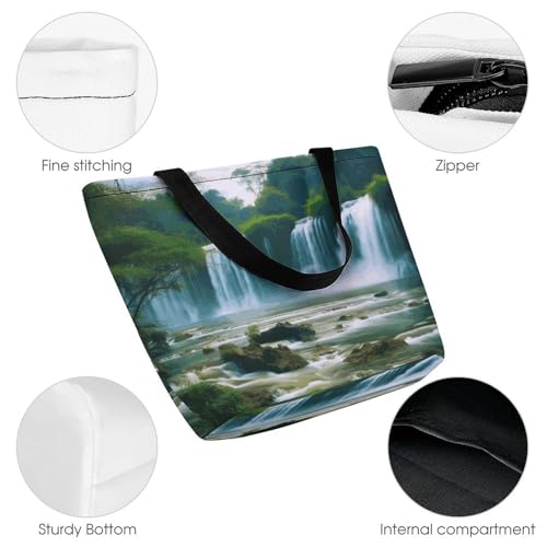 Women Tote Bags with Handles Waterfall Scenery Shoulder Bag with Zipper Handbags Shopping Bags Travel Bag Beach Bag Reusable Grocery Bag for Swim Holiday Gift3