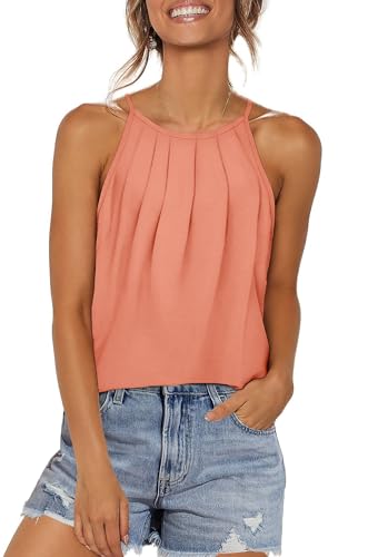 WIHOLL Womens Pleated Tank Tops Spaghetti Strap Camisole Halter Tops Curved Hem Fashion 2025